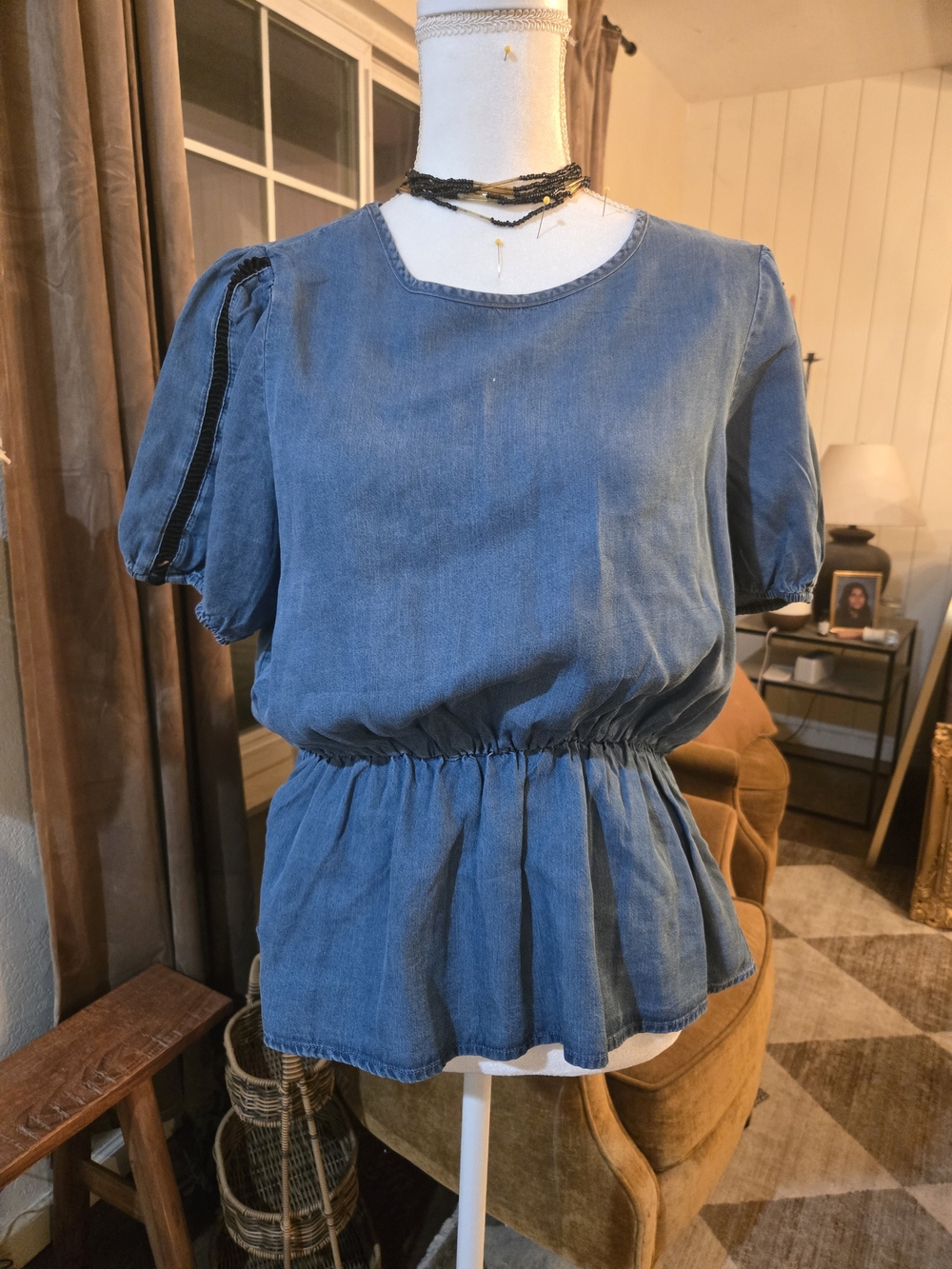 Washed Blue Denim Peplum Blouse with Puff Sleeves